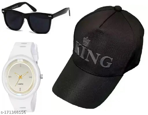 Adjustable black baseball cap with blue dial silicon strap & polarized lens wayfarer sunglasses (pack of 3) - sporty branded combo pack for men and boys, India origin