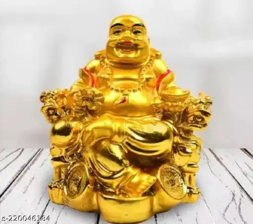 Laughing Buddha poly resin figurine, 14cm tall on chair, symbolizing prosperity and wealth, Indian Feng Shui showpiece