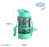 Green plastic kids sipper water bottle with straw and belt for school, picnic use. 450ml capacity