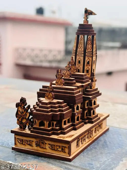 Wooden 3D model Ram Mandir, intricately detailed, measures 6cm x 11cm x 11cm, traditional Indian religious item for home decor