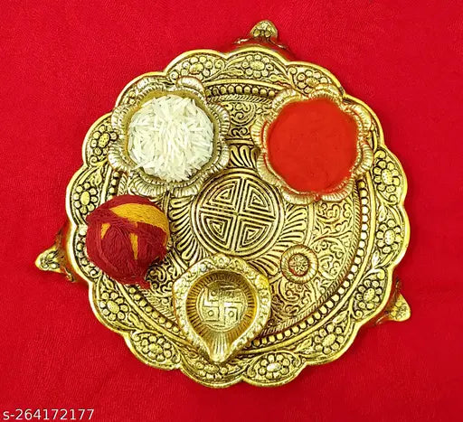 Metal Puja thali small with 3 diya for worship, home decor, temple decor, office decor, gift item. Antique gold finish, Swastik engraved center, floral design, size 10x10x6cm (L-B-H), Country of Origin: India