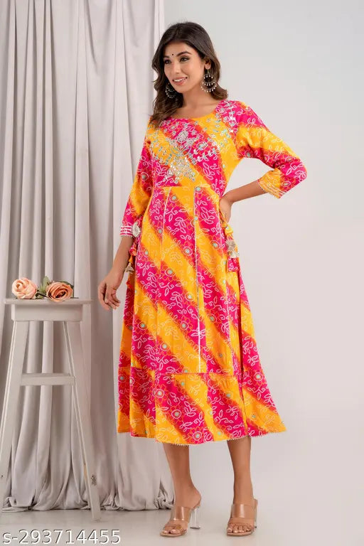 Rayon Anarkali Kurta, printed Bhandej design, vibrant Indian women's clothing in 4XL, 5XL sizes