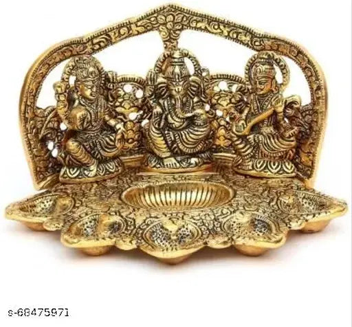 Metal Hindu deity set, Laxmi Ganesh Saraswati diya arrangement, home temple office decoration