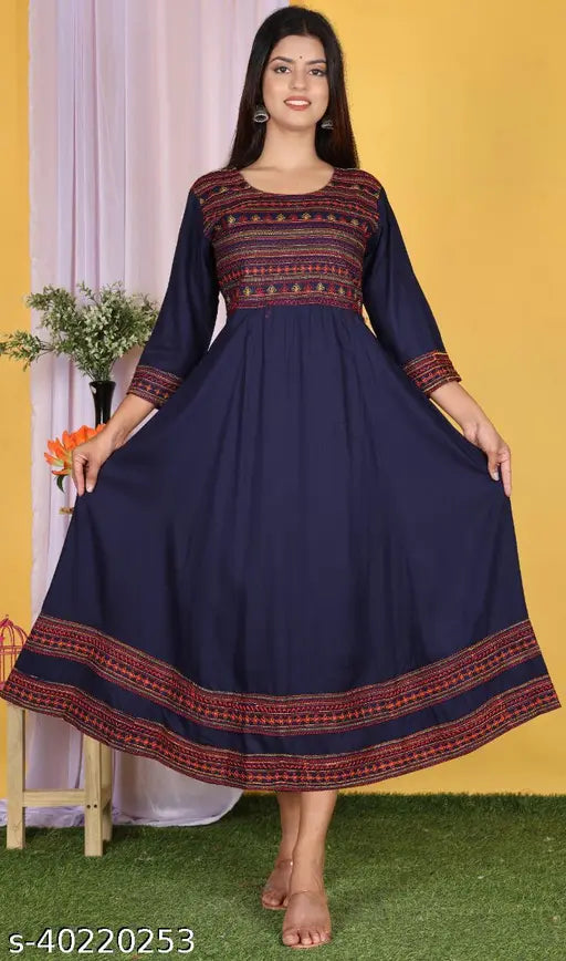 Rayon embroidered long Kurta for women and girls, three-quarter sleeves, versatile casual to party wear from India