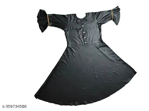 Black rayon stylish anarkali kurti with gown flare, solid print on long three-quarter sleeve design for women, India