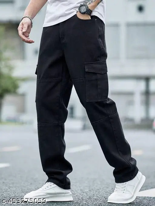 Black, cotton six pocket trousers men's