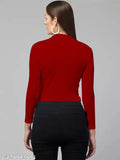Red polyester blend ribbed collar V-neck top with long sleeves, stylish and casual, 20 inches length