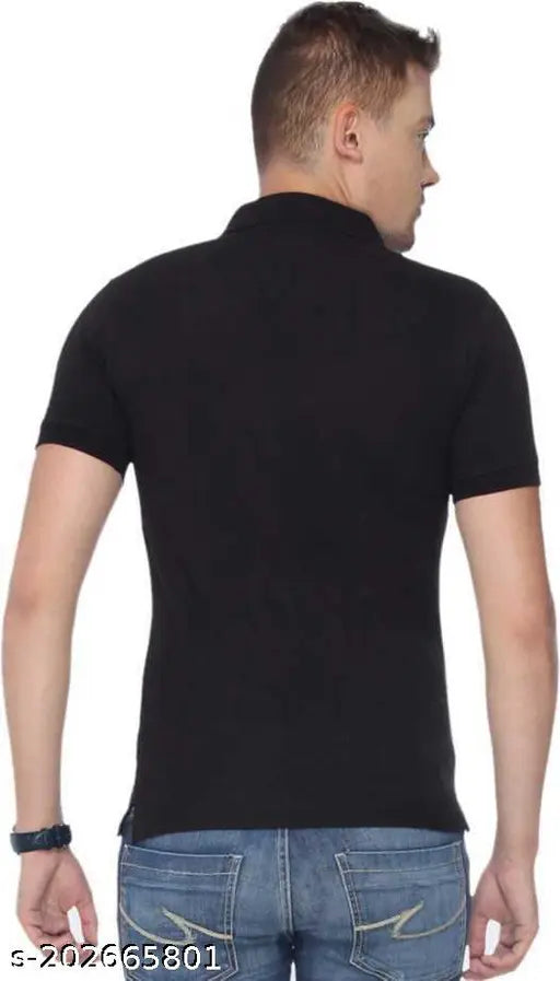 Black polyester men's solid polo t-shirt by asar, short sleeves, size M, L, or XL on display