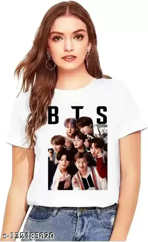 White polyester BTS printed short sleeve women's t-shirt, Indian origin