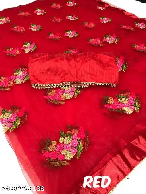Beautiful net fabric party saree in solid silk blouse, embroidered pattern, India-made, 5.5m length with 0.8m blouse