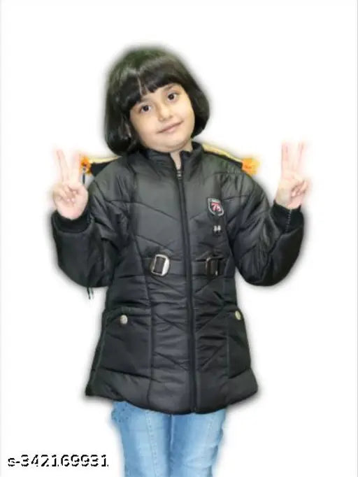 Black padded jacket with hood for young girl