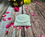 Off-white marble Mahalakshmi Charan Paduka, intricately handcrafted and hand-painted for puja, 7x7cm size