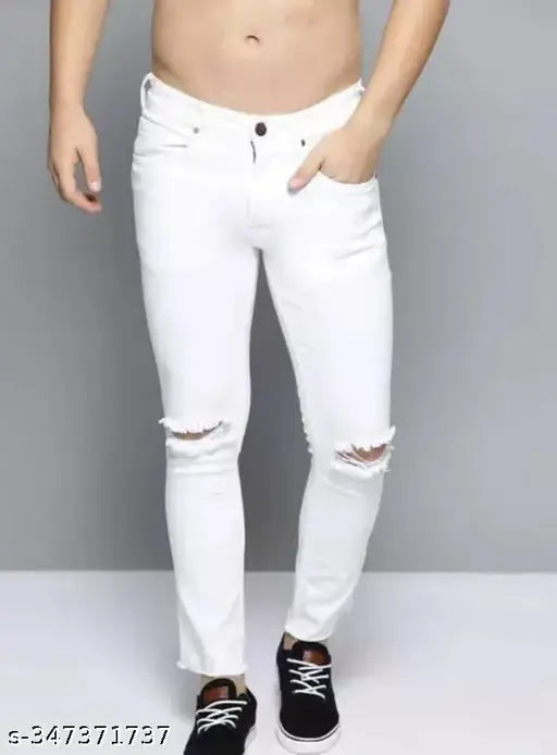 White cotton blend flaying men knee-slit jeans, solid net fabric for contemporary fashion