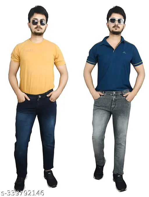 New denim combo pack in blue and yellow, including polo shirt and jeans. Blue shirt with collar, yellow jeans with dark wash