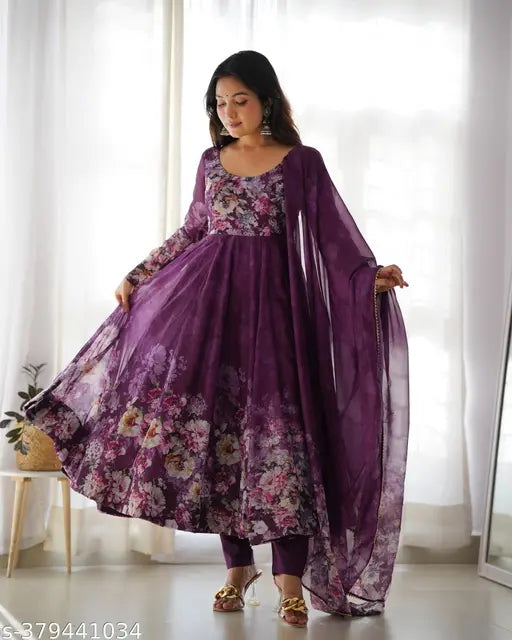 Pure soft Organja silk Anarkali gown with flair, Kali pattern and canvas patta, ready to wear, wine color