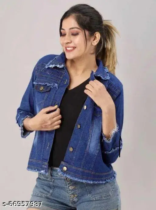 Denim three-quarter sleeve waistcoat, fancy designer women's jacket from India, solid net pattern, L (38in bust, 21in length), XL (40in bust, 21in length)