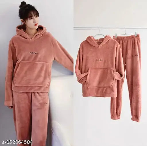 Woolen fur hood nightsuit, imported ladies winter warm pyjamas in solid pattern