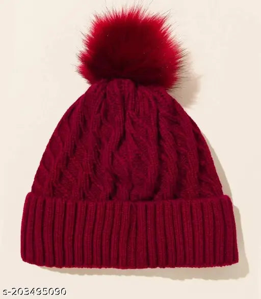 Maroon wool beanie with fur inside and soft pompom on top