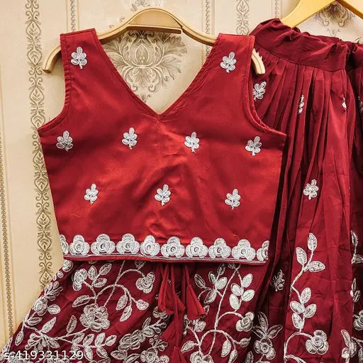 Maroon taffeta silk lehenga with cotton blend choli, hand-embroidered for kids' party wear
