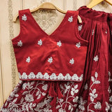 Maroon taffeta silk lehenga with cotton blend choli, hand-embroidered for kids' party wear