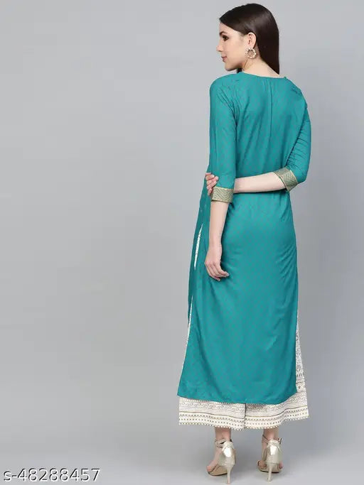 Green rayon kurta with gold print and white plazo, traditional ethnic motifs, perfect for festive occasions, Indian-made, machine-woven fabric