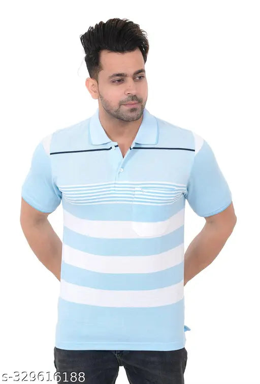 Striped men's polo t-shirt, polycotton matte, regular fit, cuffed sleeves - India origin