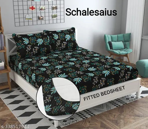 Multi-colored cotton blend double bedsheet with 2 pillow covers, 90x90 inch fitted size, ideal for summer. Machine washable botanical design