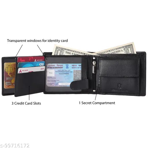 Black genuine leather RFID-blocking men's wallet with 2 compartments and gift box, perfect for men's accessories or gifting occasions