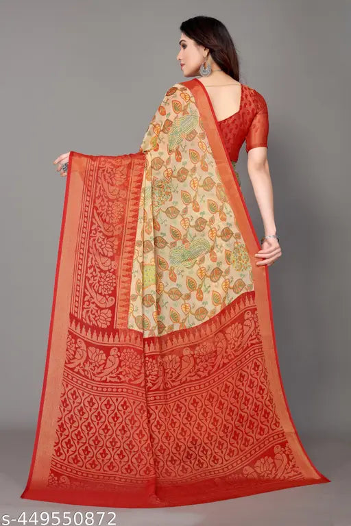 Red chiffon brasso printed saree with unstitched blouse piece, fancy stylish Indian wedding wear