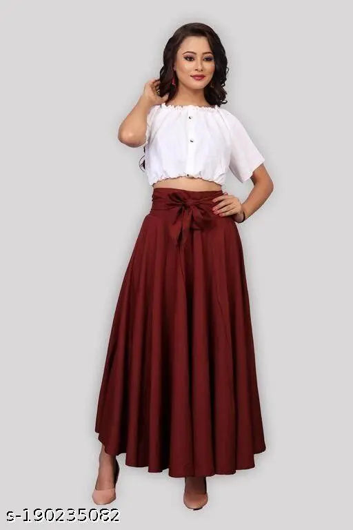 Women's trendy top with a flared skirt in burgundy color