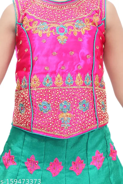 Sleeveless Lehenga Choli & Dupatta Set (12-18M, 4-5Y), Indian embroidered polyester dress with net dupatta for special occasions