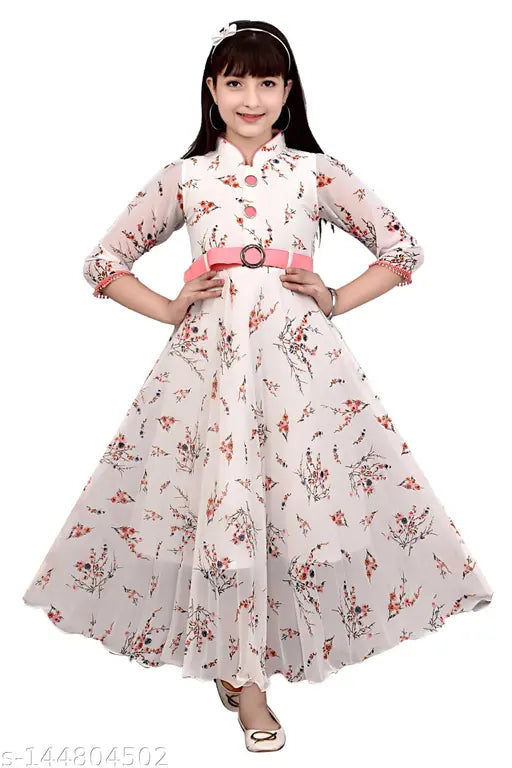 White georgette, three-quarter sleeve maxi gown for girls. Elegant printed design and comfortable fit