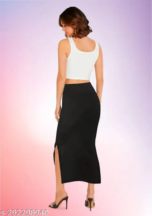 Black polyester blend high waist skirt with side slit, elastic band, stylish casual wear