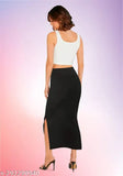 Black polyester blend high waist skirt with side slit, elastic band, stylish casual wear