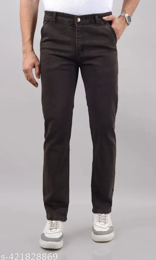 Mens stylish denim brown jeans, trendy and stretchable for men. Solid pattern, versatile for casual to semi-formal wear. Available sizes: 42 (W42 L41 H47), 44 (W44 L41 H49), 46 (W46 L41 H51), 48 (W48 L41 H53), 50 (W50 L41 H55). Made in India