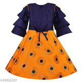 Orange dress with ruffled sleeves, floral pattern, and bow at waist
