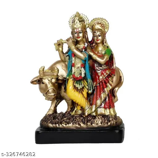 Poly Resin Radha Krishna Cow Idol, 10cmL x 14cmW x 22cmH, Indian handcrafted Hindu deity figurine