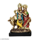 Poly Resin Radha Krishna Cow Idol, 10cmL x 14cmW x 22cmH, Indian handcrafted Hindu deity figurine
