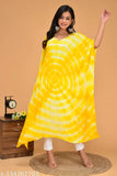Yellow tie dye rayon crepe kaftan kurta with V-neck, three-quarter sleeves, and calf length. Indian handcrafted vintage style tie-dye kurti on mannequin