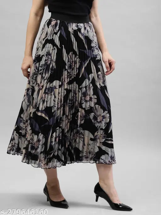 Black floral midi skirt, 40" length