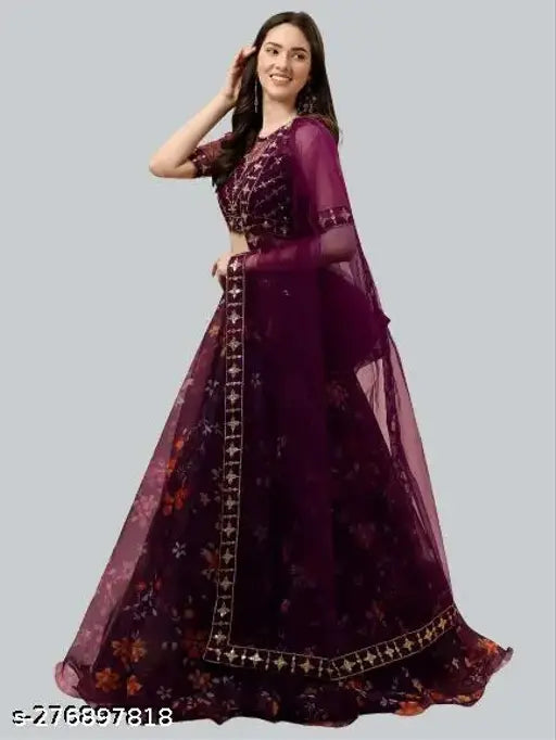 Embroidered floral net lehenga set with choli and dupatta, semi-stitched in 40 inches/meters, India origin