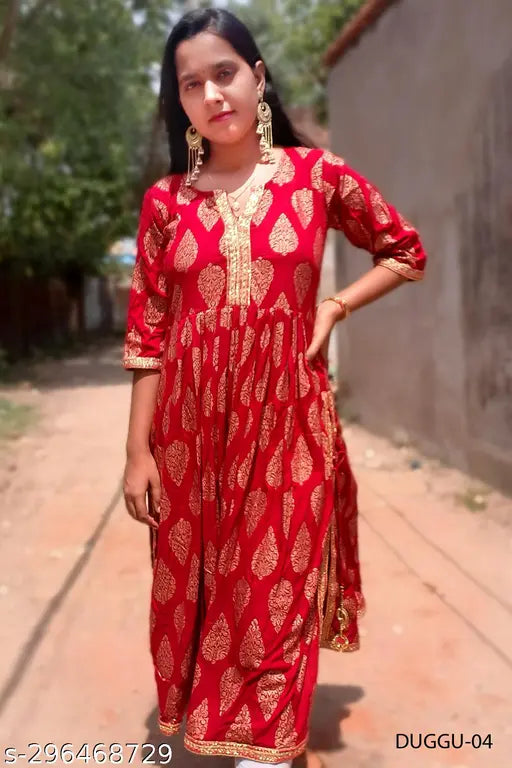 Red embroidered kurta, floor length, with matching dupatta