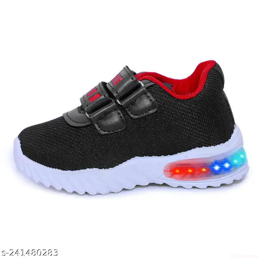 Black and red sports running shoes with light up function, LED sneakers for kids