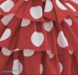 Red polka dot children's long dress with a scalloped hem, suitable for formal wear or special occasions