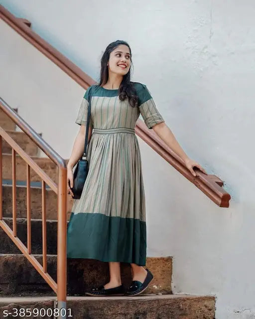 Grey striped viscose rayon flared kurti for women, three-quarter sleeves, India origin