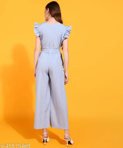Light blue stripe printed crepe jumpsuit with ruffled sleeves and waist belt by Serein, ideal for office wear