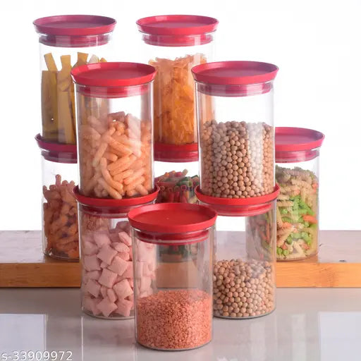 Clear plastic airtight containers of various sizes with jars and lids, suitable for food storage or organization