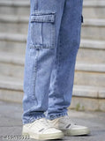 Ice blue denim jeans with large pockets, belt loop, and cuff details