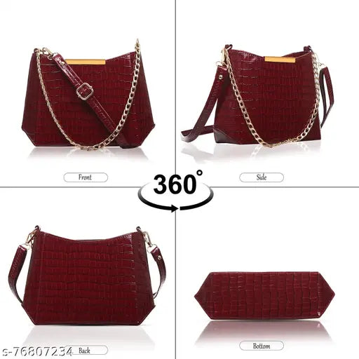 Red synthetic leather hobo bag with chain shoulder sling