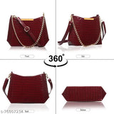 Red synthetic leather hobo bag with chain shoulder sling